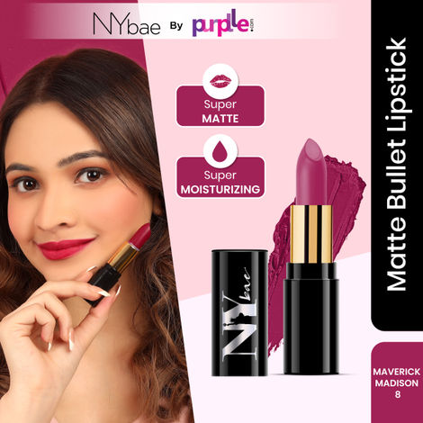 Buy NY Bae Super Matte Lipstick - Maverick Madison 8 (4.2 g) | Purple | Matte Finish | Enriched with Vitamin E | Rich Colour Payoff | Nourishing | Long lasting | Smudgeproof | Vegan | Cruelty & Paraben Free-Purplle