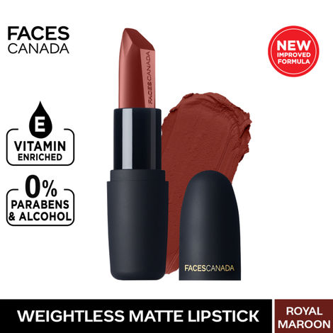 Buy Faces Canada Weightless Matte Lipstick |Jojoba and Almond Oil enriched| Highly pigmented | Smooth One Stroke Weightless Color | Keeps Lips Moisturized | Shade - Royal Maroon 4g-Purplle