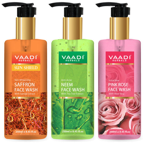 Buy Vaadi Herbals Pack of 3 Luxurious Face Wash - Skin Whitening Saffron (250 ml) Anti-Acne Neem (250 ml) & Insta Glow Pink Rose Face Wash (250 ml)-Purplle