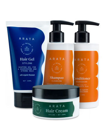 Buy Arata Natural Hair Care Essentials for Men & Women with Cleansing Shampoo,Conditioner, Hair Gel & Hair Cream|| All Natural,Vegan & Cruelty Free || Plant Based,Non-Toxic Hair Cleansing & Styling-Purplle