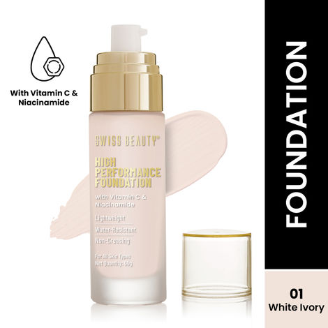 Buy Swiss Beauty High Performance Foundation | Water-Resistant | Medium to Buildable Coverage | Lightweight | Easy to Blend | With Vitamin C & Niacinamide|White-Ivory 55 gm-Purplle