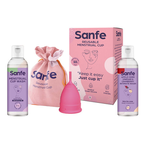 Buy Sanfe Reusable Menstrual Cup - Small Size With Pouch, Mini Apple Cider Vinegar & Cranberry Intimate Wash 15 ml, Cup Wash 15ml-Purplle