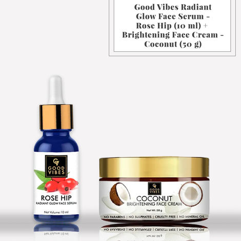 Buy Good Vibes Radiant Glow Face Serum - Rose Hip (10 ml) + Brightening Face Cream - Coconut (50 gm)-Purplle