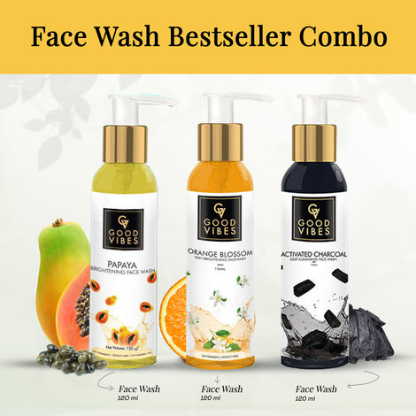 Buy Good Vibes Face Wash Bestseller Combo (Papaya Face Wash 120 ml + Activated Charcoal Face Wash 120 ml + Orange Blossom Face Wash 120 ml)-Purplle