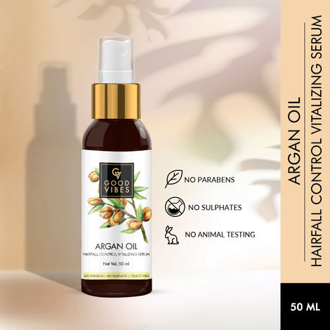 Buy Good Vibes Argan Oil Hairfall Control Vitalizing Serum | Frizz Control, Shine, Stregthening | No Parabens, No Sulphates, No Animal Testing (50 ml)-Purplle