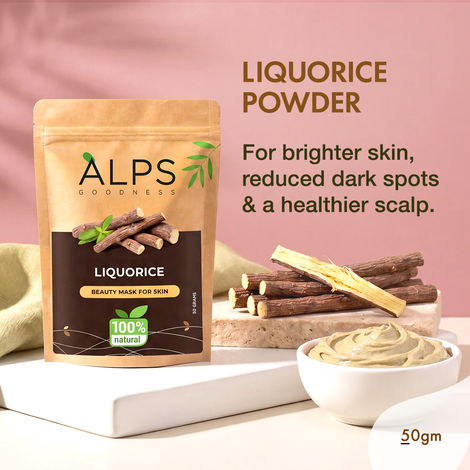 Buy Alps Goodness Powder - Liquorice/ Mulethi (50 gm) | 100% Natural Powder | No Chemicals, No Preservatives, No Pesticides | Can be used for Hair Mask and Face Mask | De tan pack | Tan removal Pack | Pack for hydrating and soothing scalp-Purplle