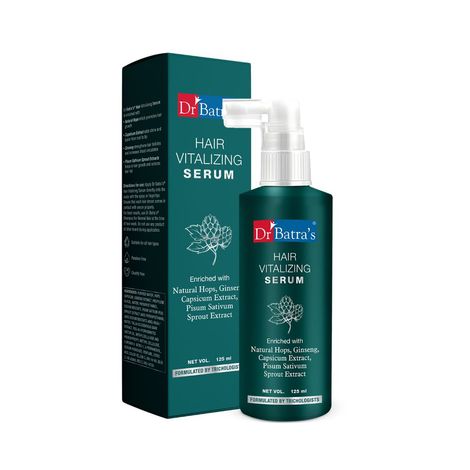 Buy Dr.Batra`s Hair Vitalizing Serum. Helps hair growth. Reduces hair fall. Balances hair cycle. Enriched with Thuja, Hops, Ginseng, Capsicum, Pisum sativum sprout extract. Suitable for men, women. 125 ml.-Purplle