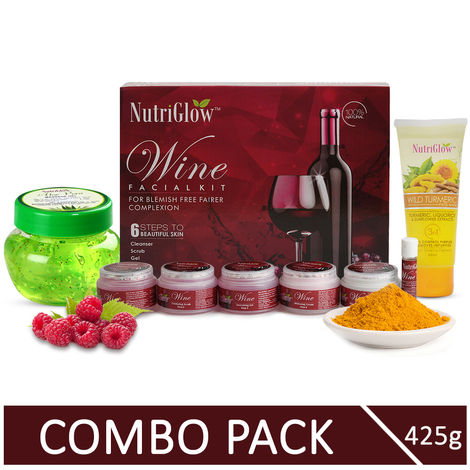 Buy NutriGlow Pack of 3 Combo: Wine Facial Kit (260 gm)/ Wild Turmeric (65 ml) & Aloe Vera Massager Gel (100 gm) For Treating Blemishes-Purplle
