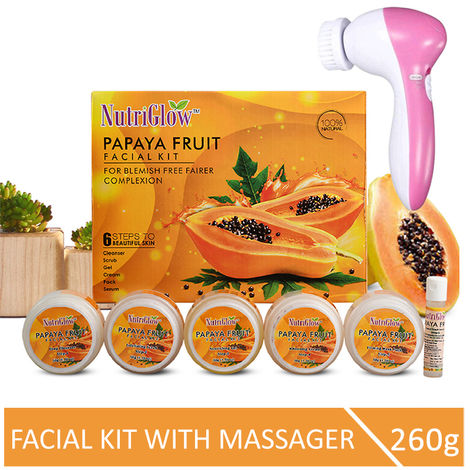 Buy NutriGlow Papaya Fruit Facial Kit For Blemish Free Fairer Complexion (260 gm) With 5-in-1 Face Massager-Purplle