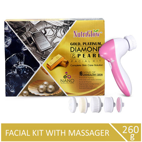 Buy NutriGlow Gold, Platinum, Diamond & Pearl Facial Kit (260 gm) With 5-in-1 Face Massager For Glowing & Brightening Skin-Purplle