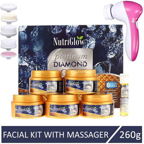 Buy NutriGlow Platinum, Diamond & Gold Facial Kit (260 gm) With 5-in-1 Face Massager For Lightening & Brightening Skin-Purplle