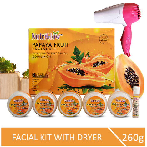 Buy NutriGlow Papaya Fruit Facial Kit For Blemish Free Fairer Complexion (260 gm) With Pink Hair Dryer-Purplle