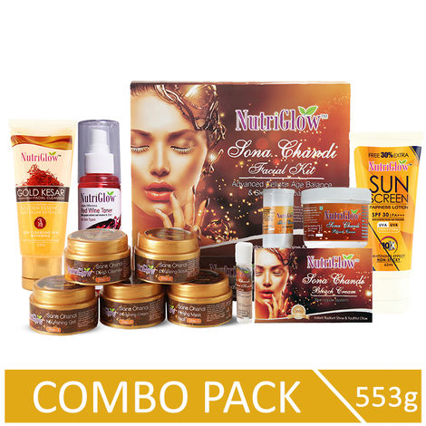 Buy NutriGlow Combo of 5: Sona Chandi Facial Kit (260 gm)/ Bleach Cream (43 gm)/ Gold Kesar Cleanser (65 ml)/ Red Wine Toner (120 ml) and Sun Screen SPF 30 (65 ml)-Purplle
