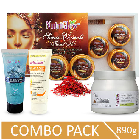 Buy NutriGlow Combo of 4 Sona Chandi Facial Kit (260 gm)/ Diamond Face Wash (65 ml)/ De Tan Scrub (65 gm) and Hair Spa For All Hair Types (500 gm)-Purplle