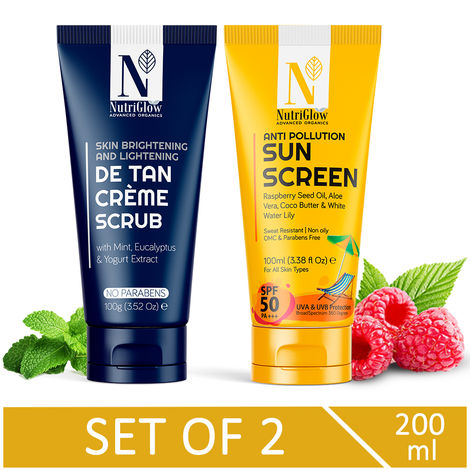 Buy NutriGlow Advanced Organics Combo of 2 Sun Screen SPF 50 (100 ml) & De Tan Creme Scrub (100gm) For Whitening Effect-Purplle