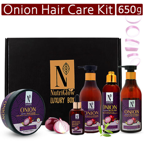Buy NutriGlow NATURAL'S Onion Combo of 5: Hair Shampoo (300ml)/ Hair Conditioner (300ml)/ Hair Oil (100ml)/ Hair Mask (200gm) & Hair Re-Growth Booster (50ml)-Purplle