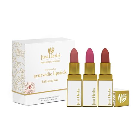 Buy Just Herbs Ayurvedic Creamy Matte Half-Size Lipstick Kit - Peachy Coral , Subtle Tea Rose Pink & Caramel Medium Brown (Set of 3)-Purplle