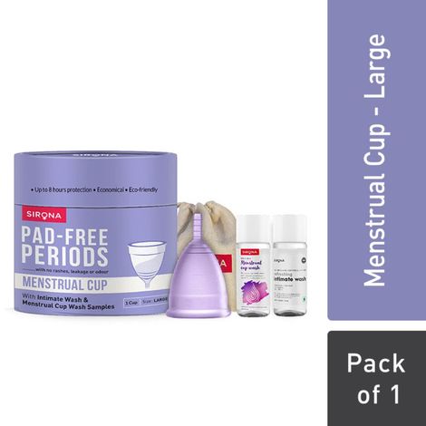 Buy Sirona Reusable Menstrual Cup - Large Size With Pouch, 15ml Mini Intimate Wash & Cup Wash, Ultra Soft, Odour & Rash Free, No Leakage, Protection For Upto 8 Hours, FDA Approved-Purplle