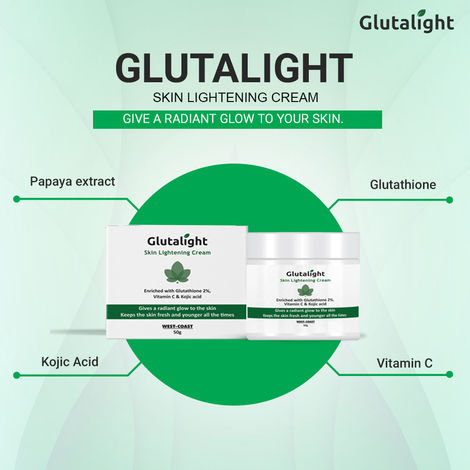 Glutalight Glutathione, Vitamin C, Kojic Acid Skin Brightening & Lightening  Cream 50g, No Parabens, No Sulphates, No Silicone