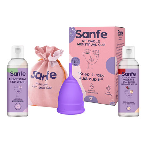Buy Sanfe FDA Approved Silicone Reusable Menstrual Cup - Large Size with Pouch, Mini Apple Cider Vinegar & Cranberry Intimate Wash & Cup Wash | Ultra Soft Period Cup Made with Liquid Medical Grade Silicone Protection (Multicolor) Combo of 3-Purplle