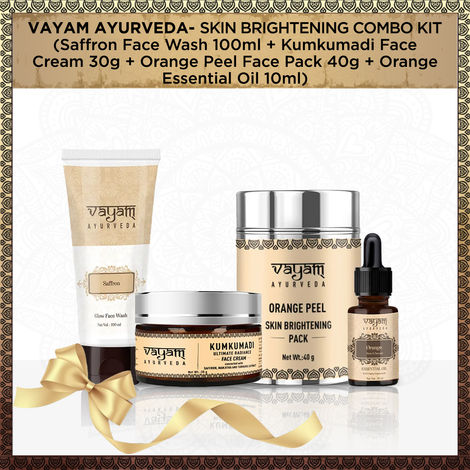 Buy Vayam Ayurveda Skin Brightening Combo Kit (Saffron Face Wash 100 ml + Kumkumadi Face Cream 30g + Orange Peel Face Pack 40g + Orange Essential Oil 10 ml)-Purplle