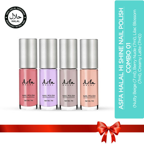 Buy Asfa Halal Hi Shine Nail Polish Combo 01 (Nutty Beige (7 ml), Berry Nude (7ml), Lilac Blossom (7ml), Creamy Latte (7ml))-Purplle