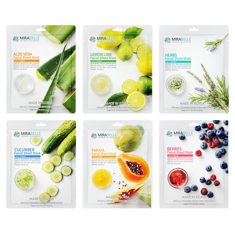 Buy MIRABELLE COSMETICS KOREA Fairness Facial Mask (Aloevera, Berries, Cucumber, Herbs, Lemon, Papaya - Combo Pack Of 6) (25 ml)-Purplle