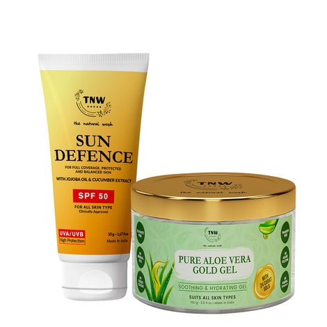 Buy TNW-The Natural Wash Combo of Aloe Vera Gold Gel & Sun Defence Sunscreen Cream | Beauty Gel For Acne ,Scars,Sunburn Treatment Prvents Dark Spots, 100 ML | SPF50 Lotion , Sun Protection For Face 50G-Purplle