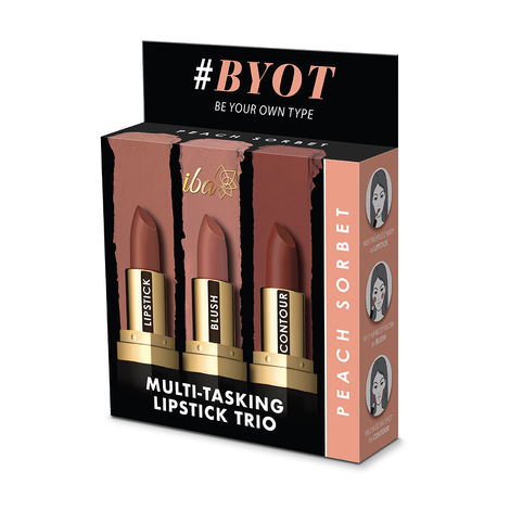 Buy Iba Multi-Tasking Lipstick Trio - Peach Sorbet (Lipstick, Blush, Contour) M20 Truffle Candy, M17 Apricot Blush and M02 Mocha Shot-Purplle