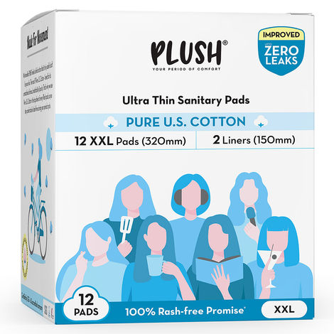 Buy PLUSH Ultra-Thin XXL Sanitary Pads for Women, 12 Pcs | For Light-Medium Flow | 2 Panty Liners | 100% Rash-Free | Pure U.S. Cotton Sanitary Napkins-Purplle