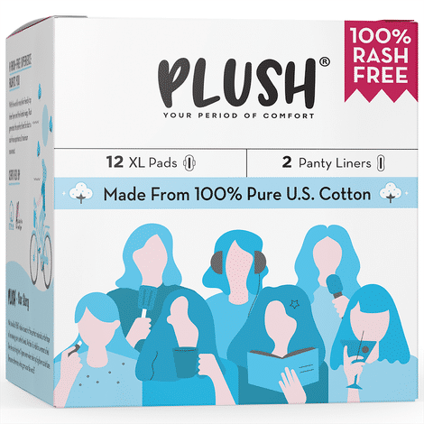 Buy Plush 100% Pure US Cotton Ultra-Thin Rash Free Natural Sanitary Pads - 12 Pads || 12 XL Pads, 2 Panty Liners-Purplle