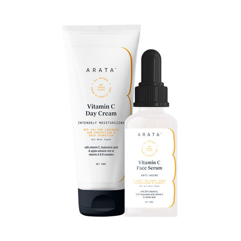 Buy Arata Vitamin C Luminous Skin Combo With Day Cream (50 ML) & Face Serum (30 ML) | Anti-Aging With SPF 15+ | Infused With Hyaluronic Acid & Apple Extracts | Sun Protection & Deep Hydration | All-Natural, Non-Toxic | All Skin Types-Purplle