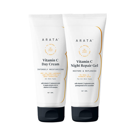 Buy Arata 24x7 Vitamin C Protection Combo With Vitamin C Day Cream (50 ML) & Vitamin C Night Repair Gel (50 ML) | With SPF 15+ | Infused With Hyaluronic Acid, Apple, Pomegranate & Cucumber | All Skin Types | All-Natural, Non-Toxic-Purplle