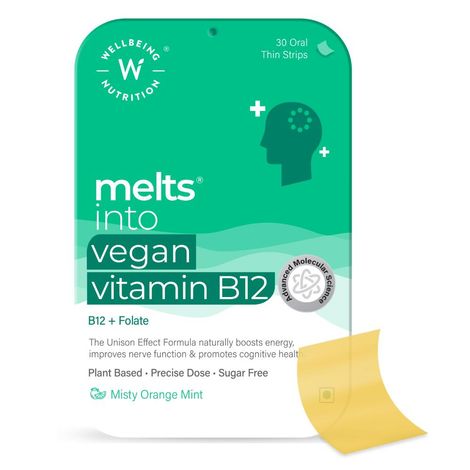 Buy Wellbeing Nutrition Melts Vegan Vitamin B12 1500mcg, Folate | Plant-Based for Brain, Heart & Nervous System Support -30 Oral Thin Strips-Purplle