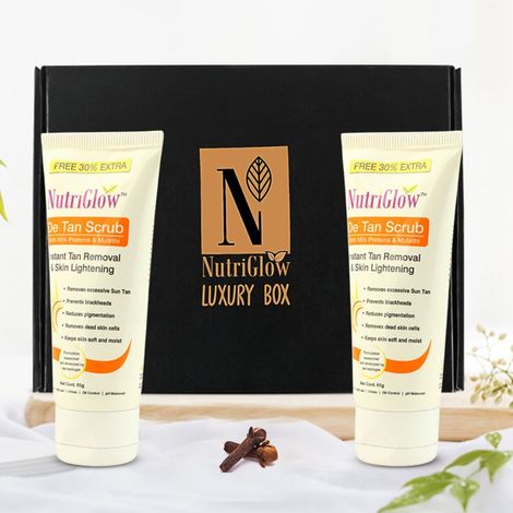 Buy NutriGlow Set of 2 De Tan Scrub/ Instant Tan Removal/ Skin Lightening/ Milk Protein & Mulethi, 65 gm each-Purplle