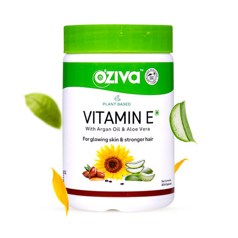 Buy OZiva Plant Based Natural Vitamin E, with Sunflower oil, Aloe vera oil & Argan oil, for Face & Skin Glow & Strong Hair, 30 capsules-Purplle