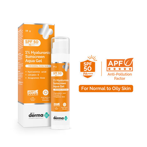 Buy The Derma Co 1% Hyaluronic Sunscreen Aqua Gel SPF 50 PA++++ | Hyaluronic Acid for Deep, Long Lasting Hydration | Ultra Lightweight Texture I Non-Greasy, No White Cast | Broad Spectrum Protection & Blue Light Protection | For Men & Women - 50 gm-Purplle