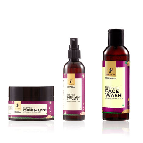 Buy Pilgrim Red Vine CTM Combo ( Red Vine Face Wash (100 ml) + Red Vine Face Mist & Toner (100 ml) + Red Vine Face Cream SPF 30 (50 gm))-Purplle