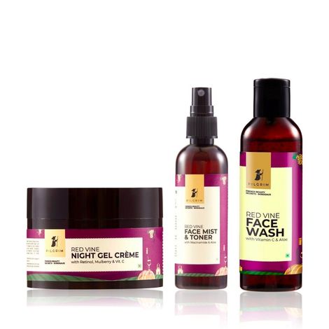 Buy Pilgrim Red Vine Face Care Kit For Night Care| Face Wash 100 ml, Face Mist & Toner 100 ml, Night Creme Gel 50g | Anti-Ageing, Skin Repair | Glowing Skin | All Skin | Men & Women-Purplle