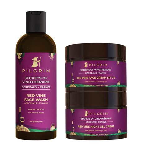 Buy Pilgrim Red Vine AM PM Face Care Kit, Volcanic Lava Ash Face Wash 100 ml, Face Cream SPF 50 50 gm, & Night Gel Creme 50 gm, Anti-Ageing, De-Pi gmentation, Skin Repair, All Skin Types, Men & Women-Purplle