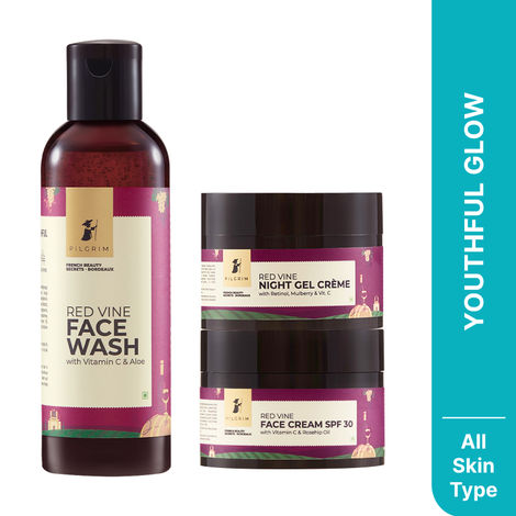 Buy Pilgrim Red Vine AM-PM Face Care Kit – Face Wash 100 ml, Day Cream SPF 50 50 gm & Night Gel Cream 50 gm | Brightens, Repairs & Protects | Anti-Ageing & De-Pigmentation | Daily Skincare Kit | Men & Women,Combo of 3-Purplle