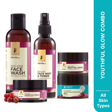 Buy Pilgrim Red Vine Must-Have Skincare Combo of 5 for Men & Women|Face Wash 100 ml, Face Mist & Toner 100 ml, Day Cream SPF 30 50 gm, Night Cream 50 gm,Under Eye Cream 30 gm|Red Vine Extract|5 Steps Skincare Kit-Purplle