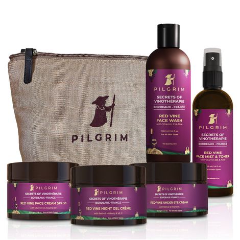 Buy Pilgrim Vino Must-Have Skincare Combo | Nourish & Repair | Red Vine Extract Face Wash 100 ml, Face Mist & Toner 100 ml,Day Cream SPF 30 50g Night Cream 50 gm,Under Eye Cream 30 gm | Men & Women-Purplle