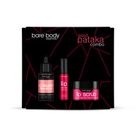 Buy Bare Body Essentials Pout Pataka Combo - Collagen Serum 25ml, Lip Serum 8ml & Lip Scrub (15 gm)-Purplle