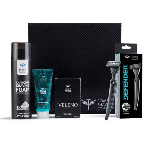 Buy Bombay Shaving Company Shave & Dazzle Kit for Men | Post-shave Balm, Charcoal Shaving Foam, Veleno Perfume, Dexter Razor (Set of 4)-Purplle
