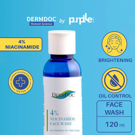 Buy DERMDOC by Purplle 4% Niacinamide Face Wash (120 ml) | face wash for dry skin | oil free face wash | face wash niacinamide | niacinamide for oily skin | brightening, non-drying face wash-Purplle