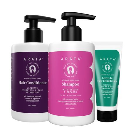 Buy Arata Advanced Curl Care Hair Shampoo (300 ML), Rinse-Out Conditioner (300 ML) & Leave-In Conditioner (100 ML) | Hibiscus Extract, Coconut Water & Shea Butter | Cleanses & Conditions Curls | CG Approved-Purplle