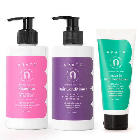Buy Arata Advanced Curl Enhancing Curly Hair Combo | With Shampoo (300 ML), Rinse-Out Conditioner (300 ML) & Leave-In Conditioner (100 ML) | Hibiscus Extract, Coconut Water & Shea Butter | Conditions Curls-Purplle