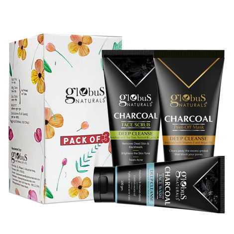 Buy Globus Naturals Activated Charcoal Anti Acne, Anti Pollution, Anti Tan Kit | Removes Blackheads, De-tans, Unclogs Pores & Deep Cleanses| Face Wash, Face Scrub, Face Mask Pack of 3-Purplle