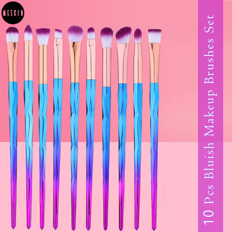 Buy MeSkin 10 Pcs Bluish Makeup Brushes Set for Womens & Girls - Pack of 10 (Assorted Colors)-Purplle